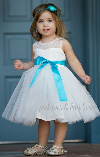 Ava's White lace Couture Dress with Sash-Ready to ship