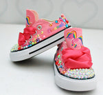 Load image into Gallery viewer, Baby&#39;s first shoes- Baby&#39;s first  bling Converse-Girls Baby&#39;s first  Shoes-Rainbow horse shoes
