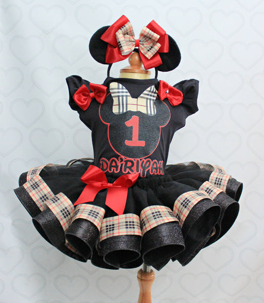 Mouse Tutu set- mouse outfit- mouse birthday outfit-Burberry inspired minnie mouse tutu set