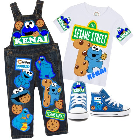 Cookie Monster overalls- Cookie Monster outfit- Cookie Monster birthday shirt- Cookie Monster birthday outfit