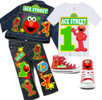 Load image into Gallery viewer, Elmo boys outfit - Elmo Denim Set-Boys Elmo  denim set- Elmo Birthday outfit
