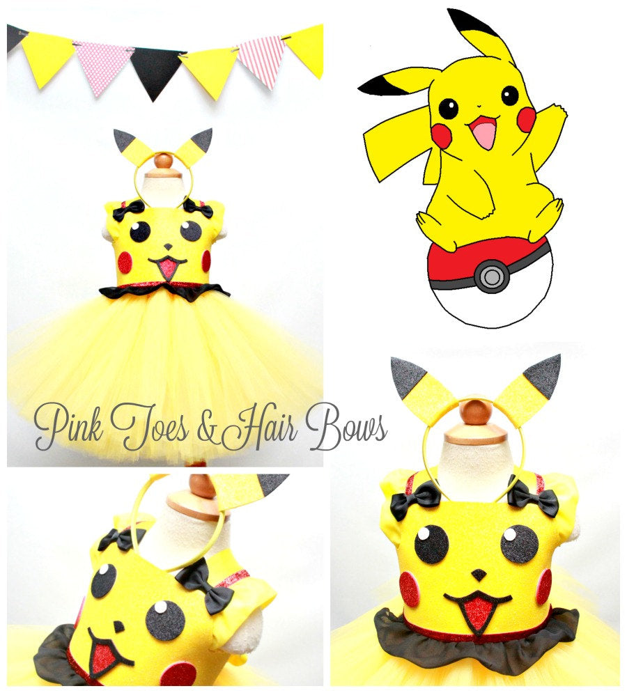 Pikachu tutu dress- pokemon costume- pikachu tutu-kisses dress-pokemon –  Pink Toes & Hair Bows
