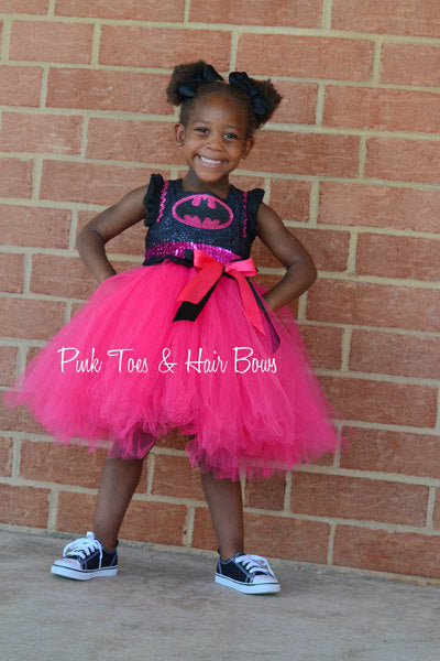 Batgirl costume- Bat girl tutu costume- Batman costume dress- Batman d –  Pink Toes & Hair Bows