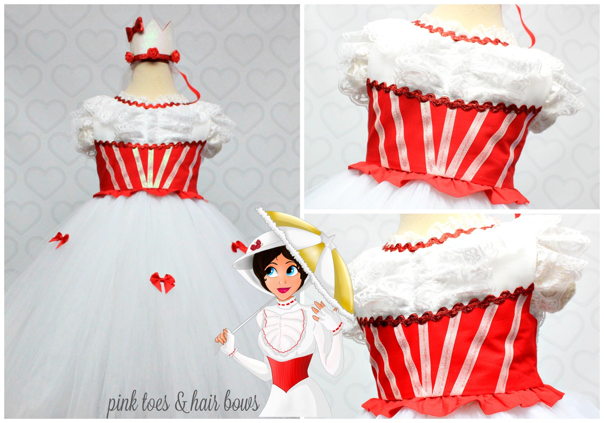 Mary Poppins Dress-Mary poppins costume- Mary Poppins tutu-Mary Poppin Pink Toes & Hair Bows Mary Poppins Dress-Mary poppins costume- Mary Poppins tutu-Mary Poppin Pink Toes & Hair Bows