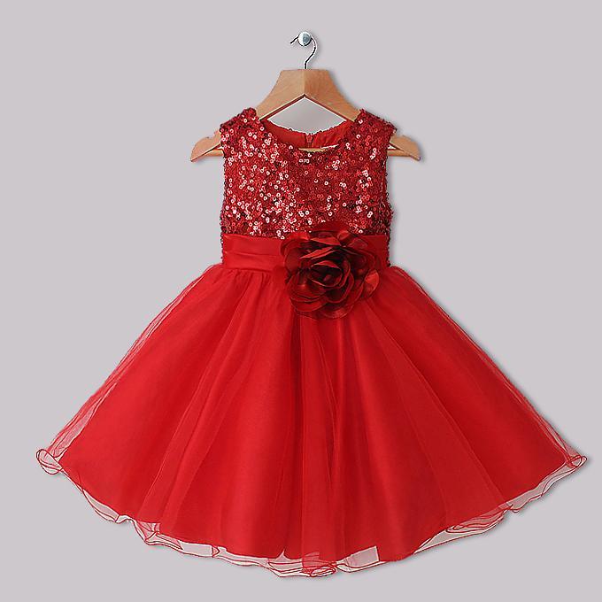 Red Sequin Holiday Dress with flower sash-Ready to ship