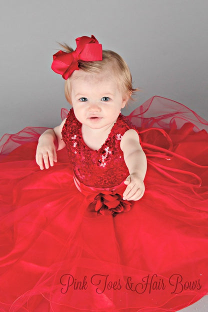 Red Sequin Holiday Dress with flower sash-Ready to ship